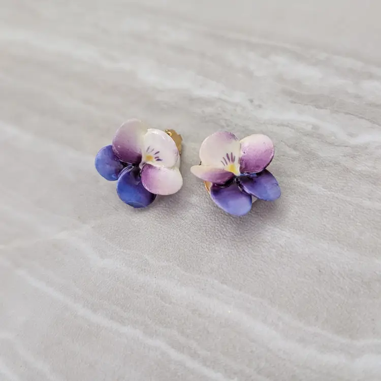 Vintage Clip On Earrings Purple and White Pansy Flower - 0.75" - Made in England