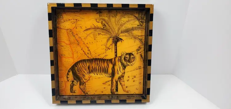 Signed Arnie Mordica San Raphael, CA Decoupage Tiger Serving Tray