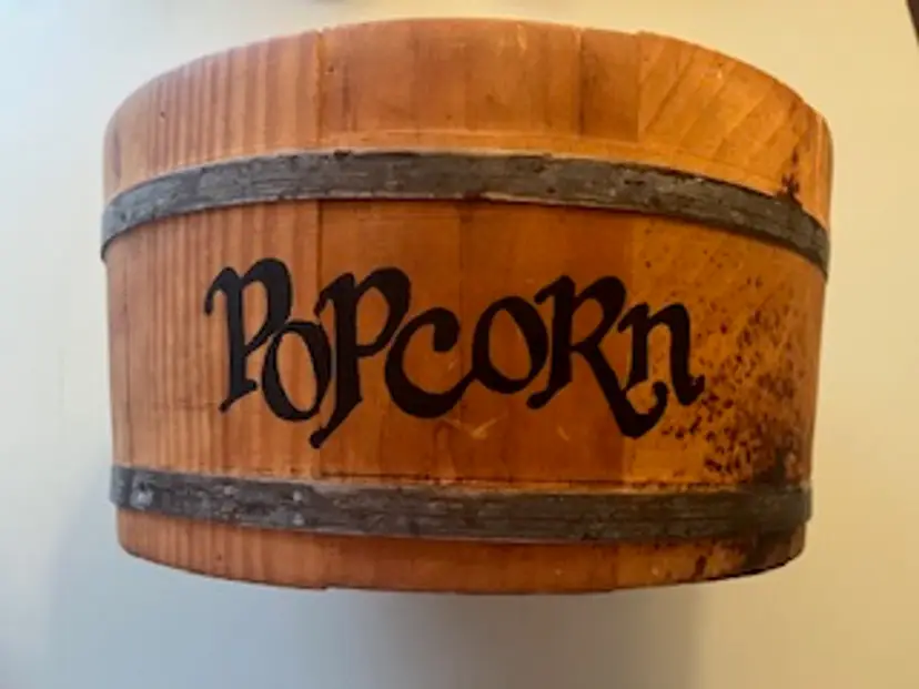 Vintage Wooden Popcorn Tub – Metal Rings – Plastic Interior