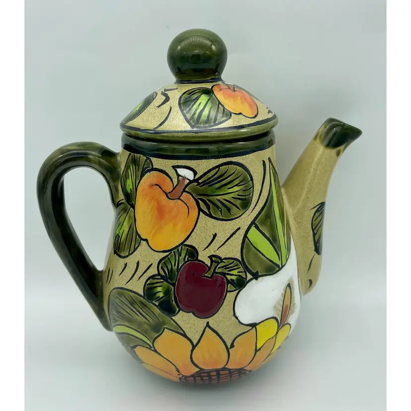 Festive floral hand-made, hand-painted Mexico terra cotta coffee pot.