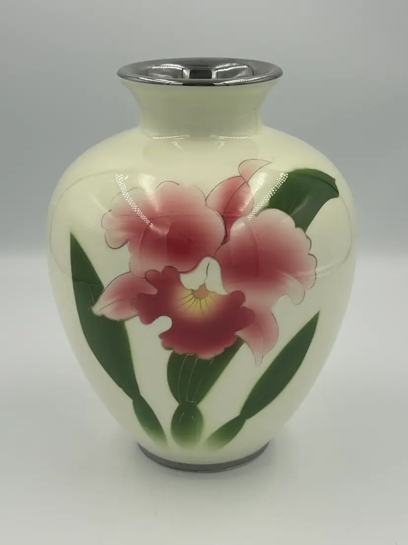 Vintage Kokusui Porcelain Vase With Cattleya flower, silver trim top and bottom, Japan