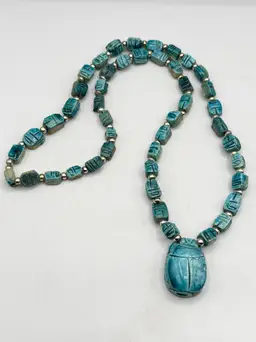Vintage blue stone scarab Egyptian revival beaded necklace