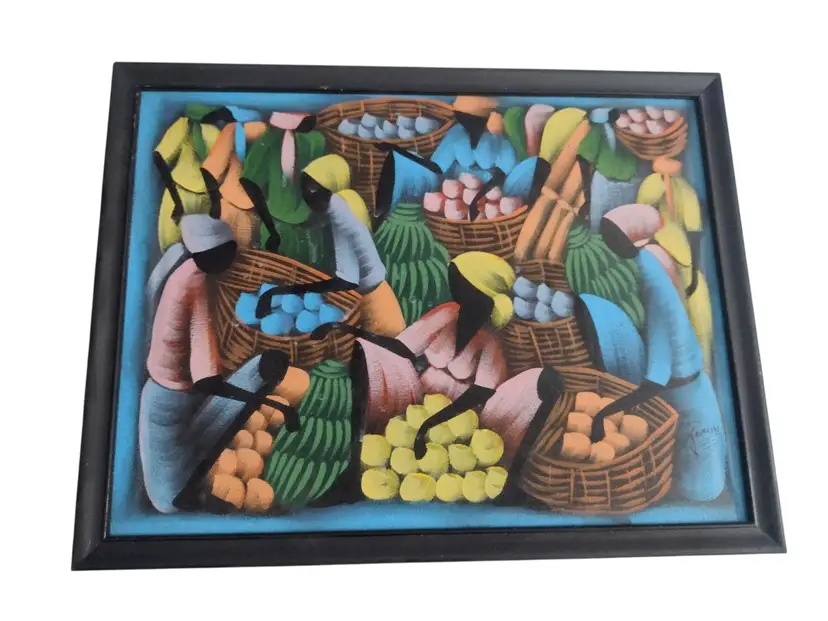 Haitian Fruit Market Original Oil Painting on Canvas by Jackson Framed Vtg READ