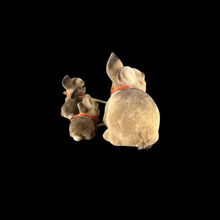 Vintage Figurines Flocked Mama Bunny & Babies Chain Leash Rabbit Easter Decor