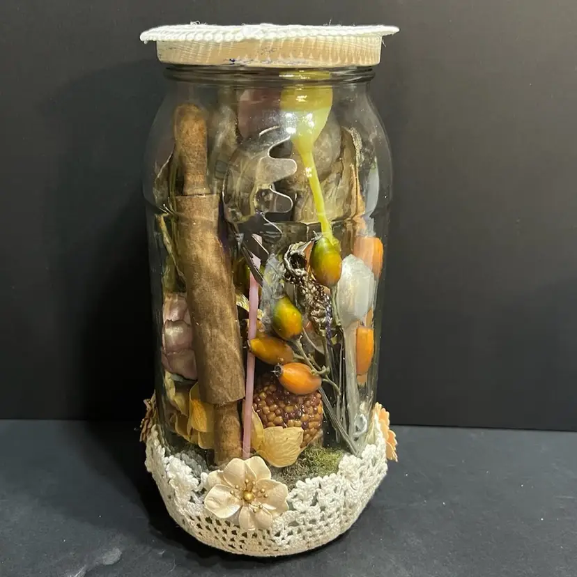 Handmade Assorted Vintage Kitchen Jar with Crocheted Accents ~10.25” x 5” diameter