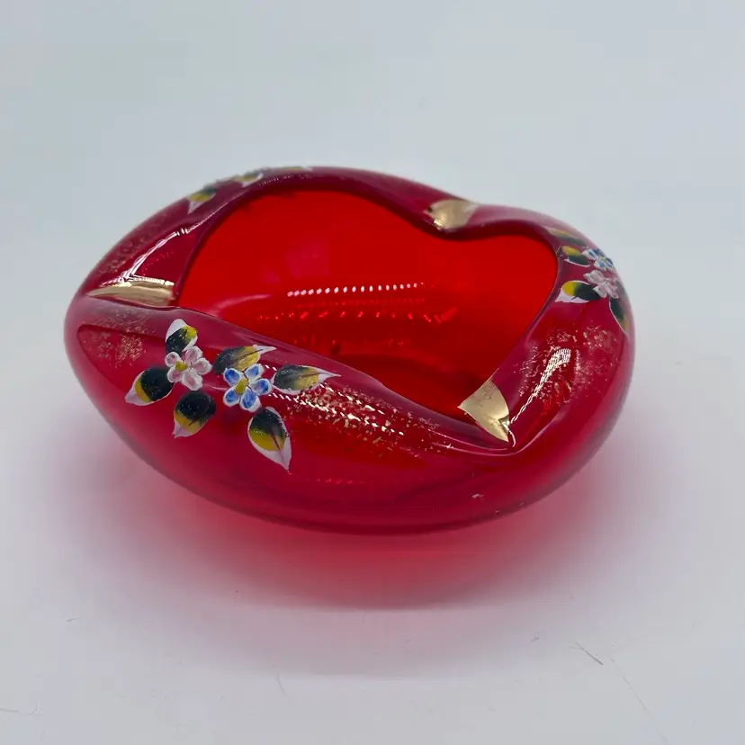 Czech Bohemian Ashtray Hand Blown Pinch Bowl Glass Red Hand Painted Vintage