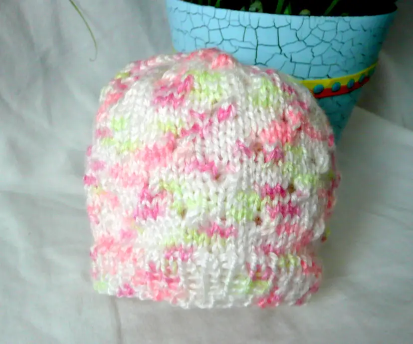 Handmade Knit Pastel Pink Green Eyelet Pattern  Preemie Newborn Hospital Or Doll Hat Beanie 12"