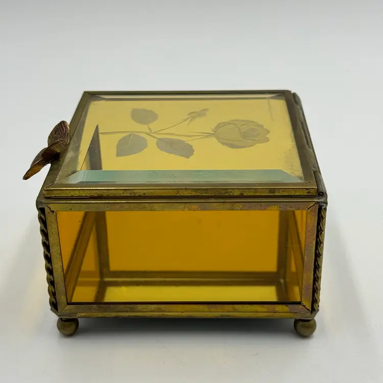 Brass Vintage Amber Glass Jewelry Casket Vanity Trinket Box Butterfly Clear Lid
