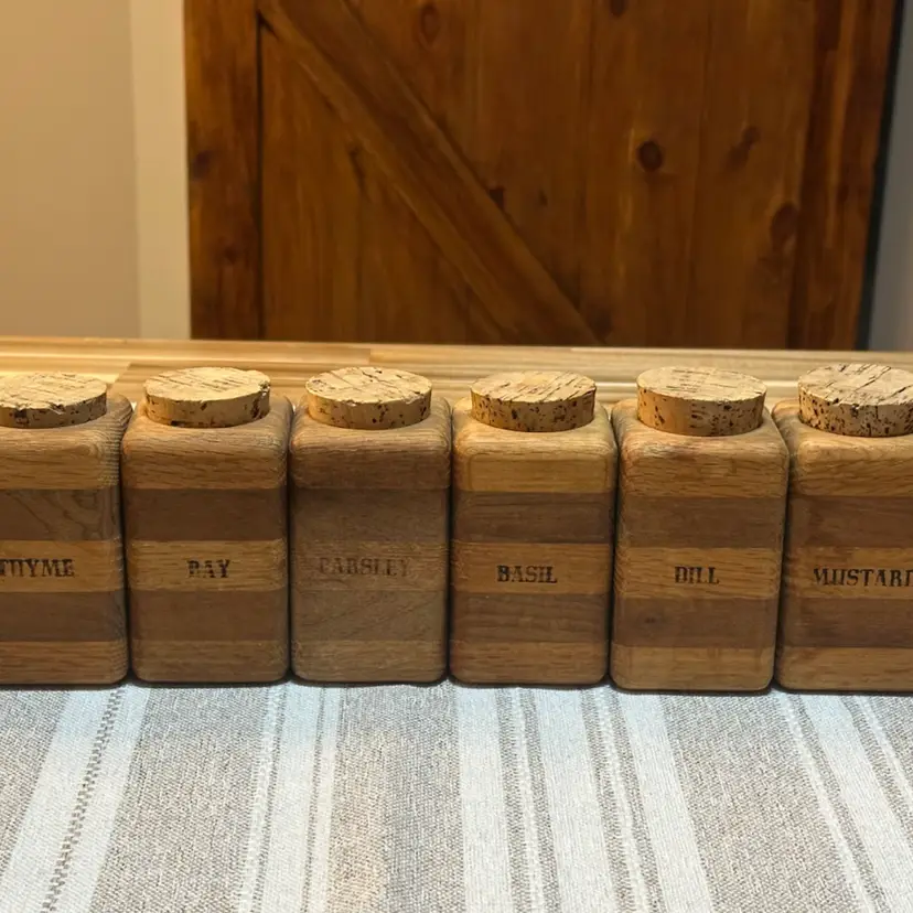 Set Of 8 Wooden Spice Jars with Cork Lids Handmade Sun Stamp On Bottom