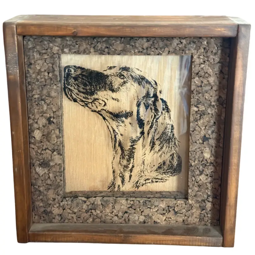 Vintage Reverse Painting On Glass With Cork-board Border Irish Setter, Labrador or Golden Retriever