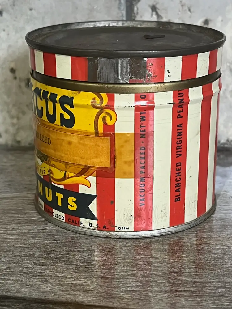 Vintage Circus Peanut Wind CanTin 8 ounce 1946