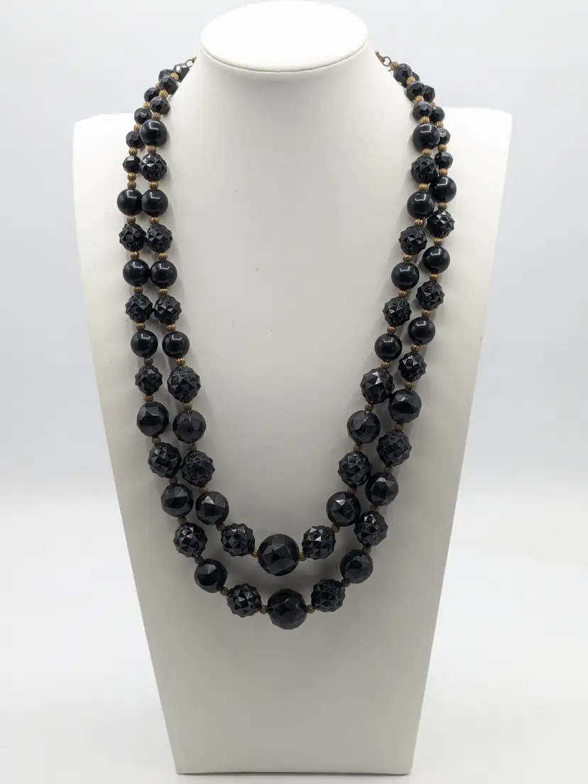 Vintage Gold Tone Black Faceted Lucite Beaded Double Strand Necklace