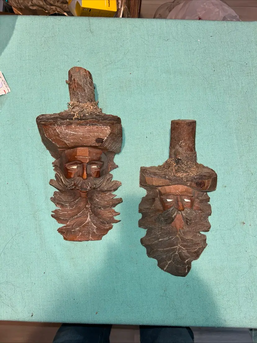 2 Vintage Hand-Carved Wooden Face Mask Sculpture, Rustic Wall Art