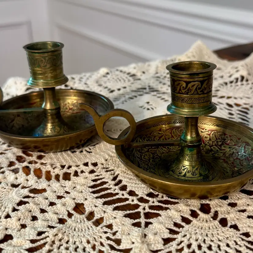 🎀 Vtg Etched Brass Chamber Stick Candle Holders- Set Of 2