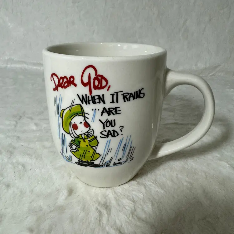 Vintage Royal Norfolk Dear God "When it rains are you sad" Coffee Mug Quote