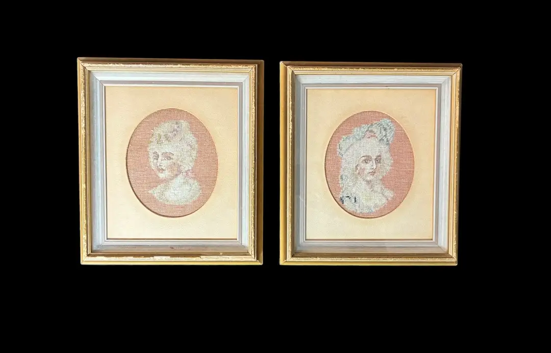 Pair of Victorian petite point portraits