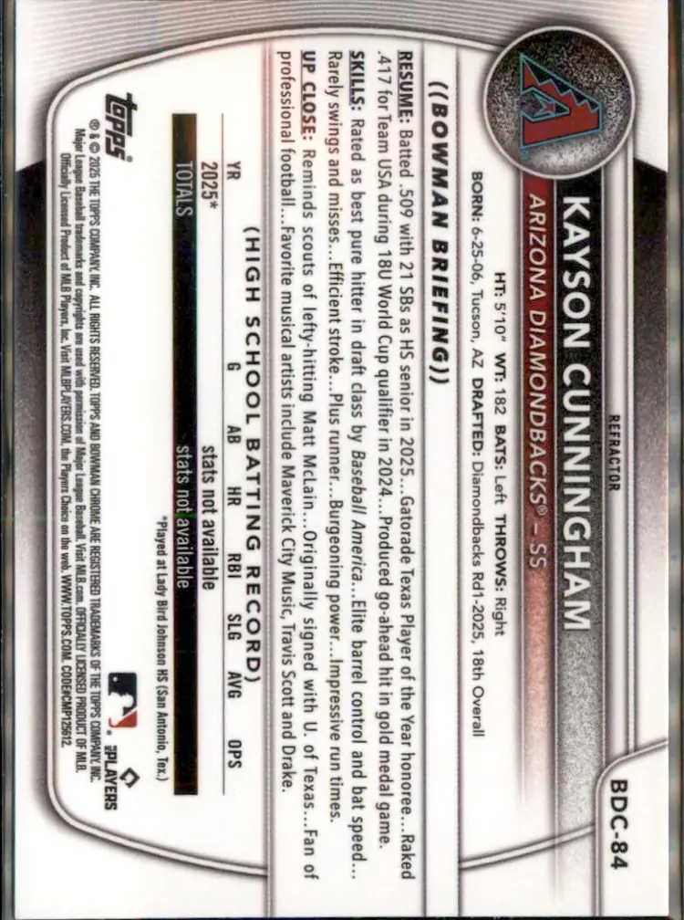 2025 Bowman Draft #BDC-84 Kayson Cunningham Chrome Refractor - (138) - Arizona Diamondbacks