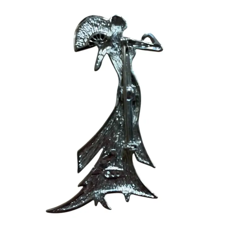 JJ Jonette Art Deco Lady with Fan Brooch Silver Tone Vintage Signed