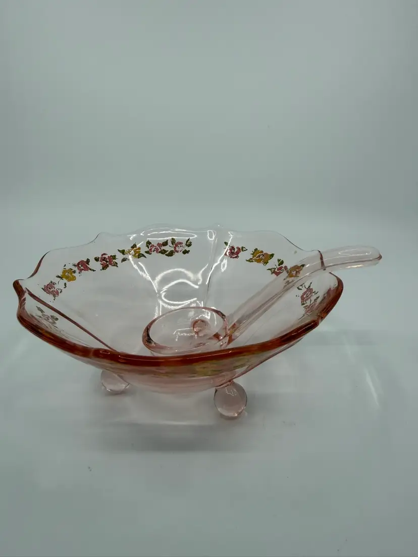 Vintage Handpainted Florals Pink Depression Glass 3 Footed Bowl W Matching Ladle Scalloped Edge