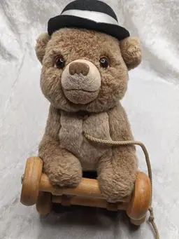 Maurice Sendak's Little Bear Stuffed Plush Pull Toy Wooden Wheels Eden Toys Black Hat 2000 Babys room Decor
