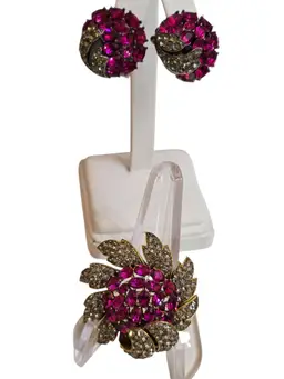 Alfred Philippe Trifari Rare Diamonte Flower Brooch & Clip-On Earrings Set