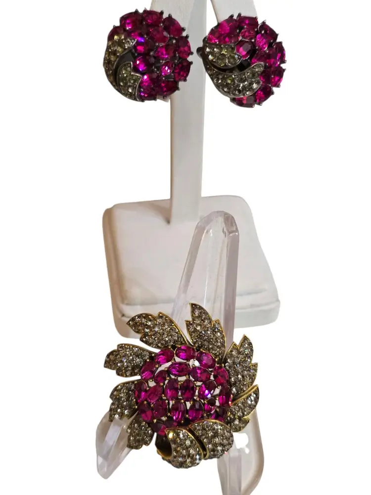 Alfred Philippe Trifari Rare Diamonte Flower Brooch & Clip-On Earrings Set