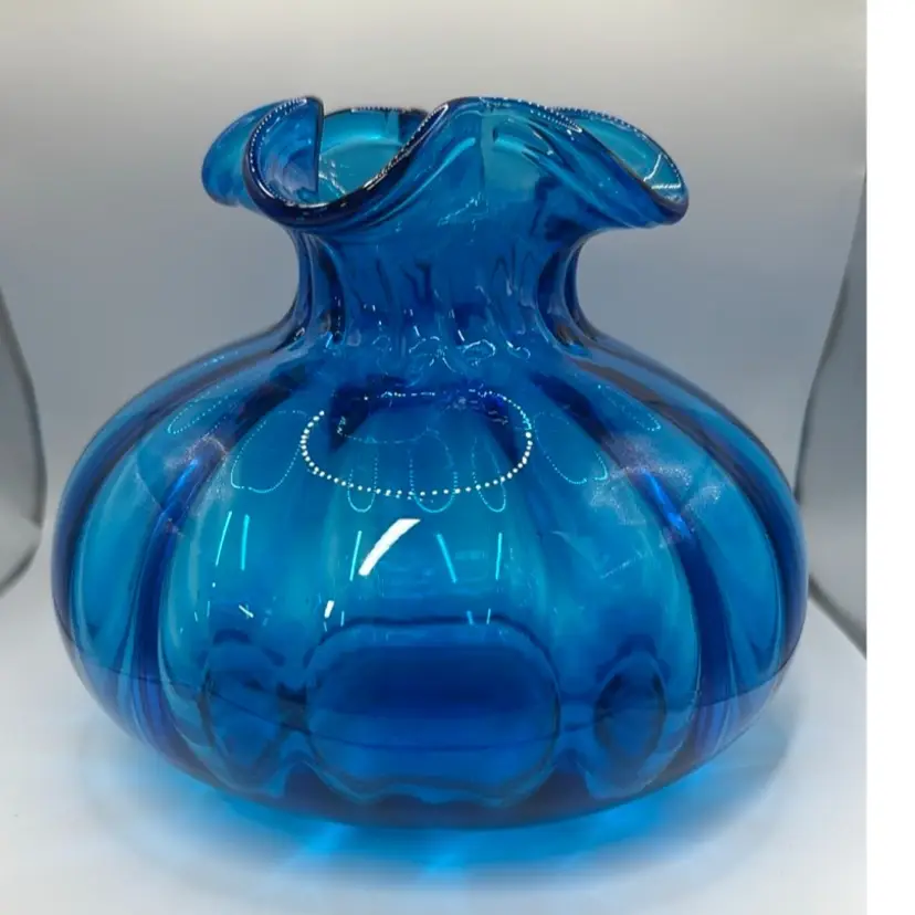 Beacon Glass Vase Blue Hand Blown 1940s Ruffle Top Optic Onion Bulb 7” tall