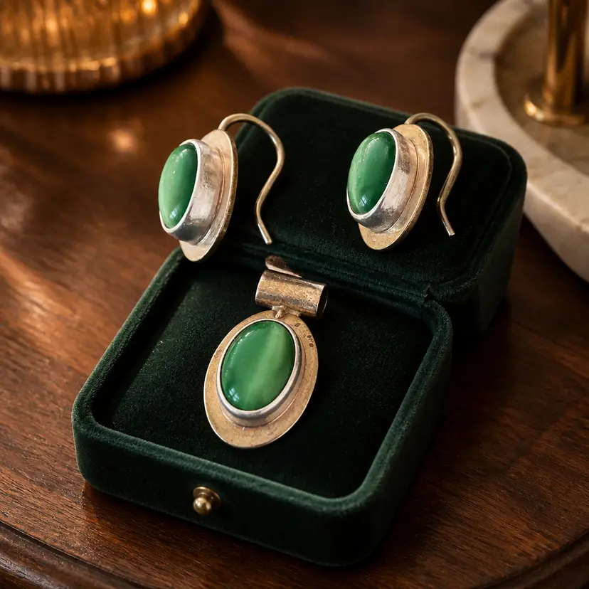 Vtg ATI 925 Mexico Sterling Silver & Green Cat's Eye Stone Earrings and Pendant