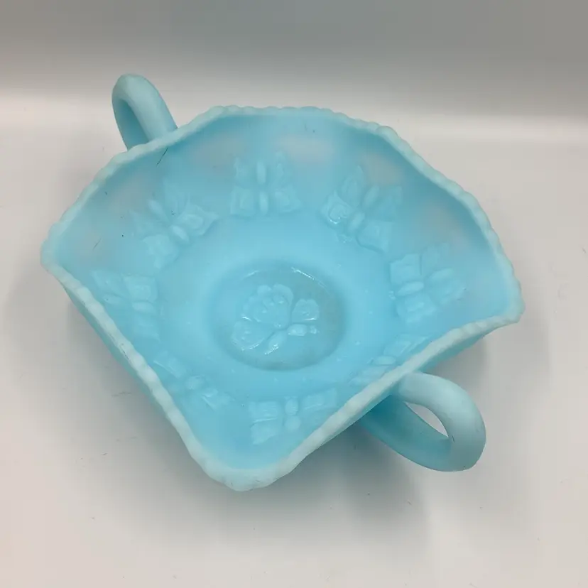 Fenton Blue Satin Double Handle Bowl with Butterflies GLOWS 5.75”x8.25”