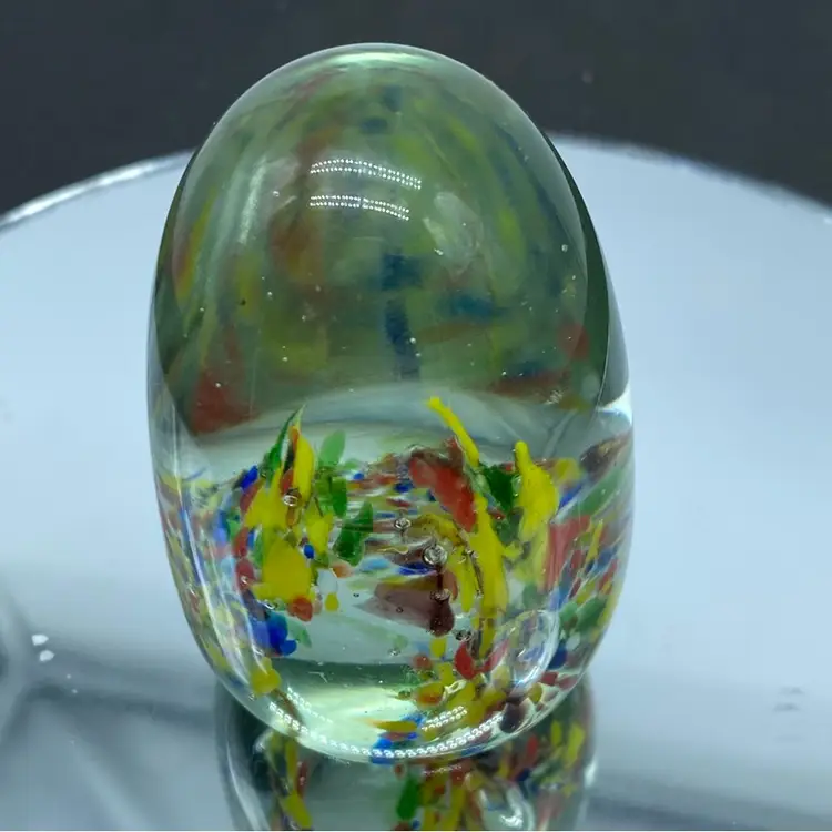 #0019 - 3 inch Multi Colour Speckled Trumpet Egg Shape Art Glass Paperweight