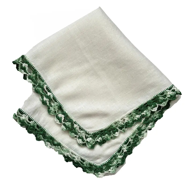 Linen Handkerchief Green Hand Crochet Lace St Patricks Vintage Cottage Core Granny