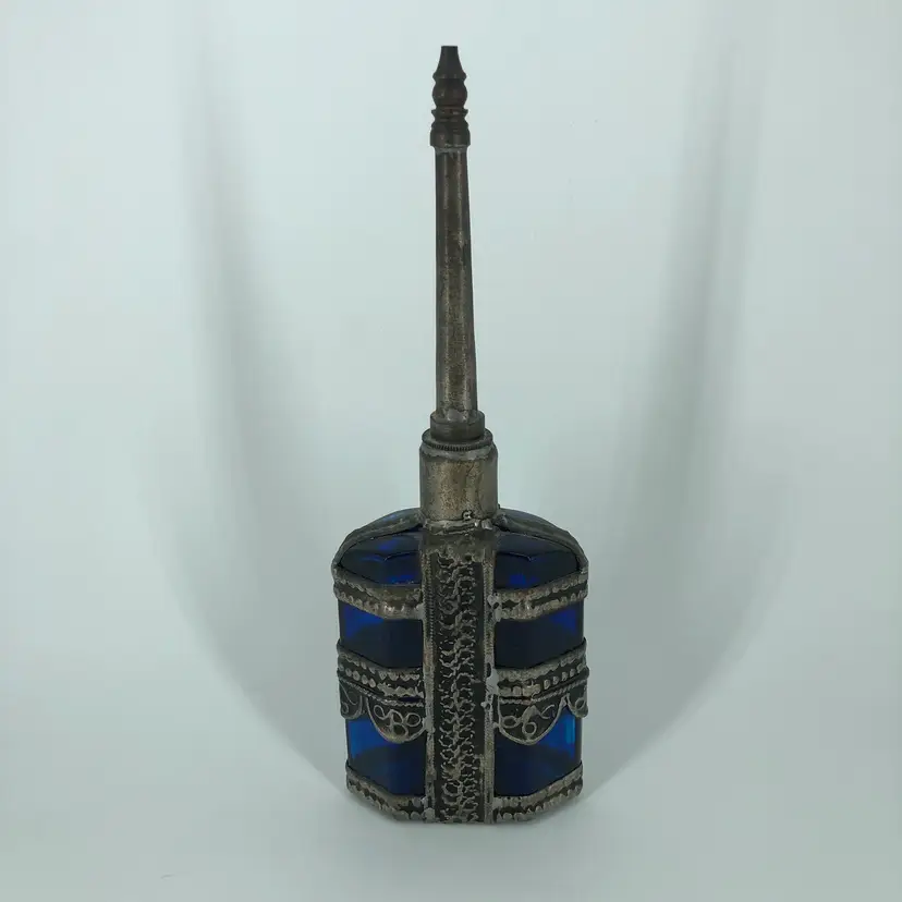 Vintage Moroccan Perfume Cologne Sprinkler Blue Glass Silver-Tone Metal Bottle