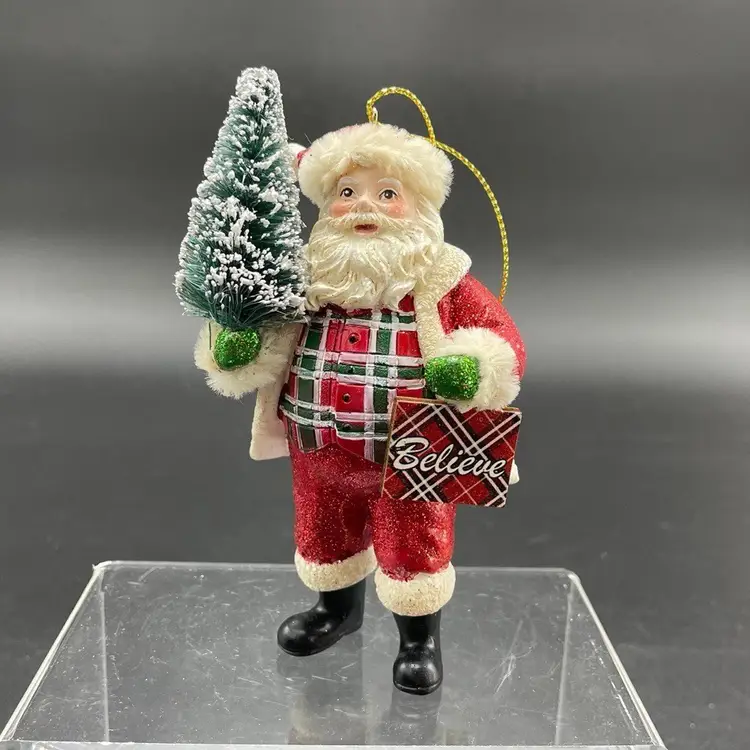 Kurt Adler Plaid Believe Santa with Tree Hanging Christmas Ornament with Tag