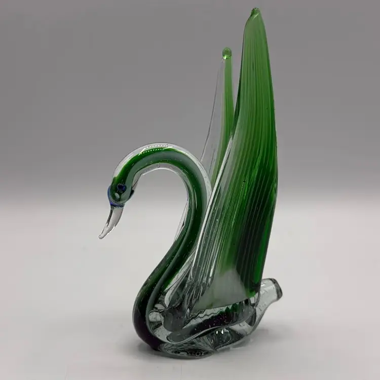 Green Art Glass Swan Blue Eyes