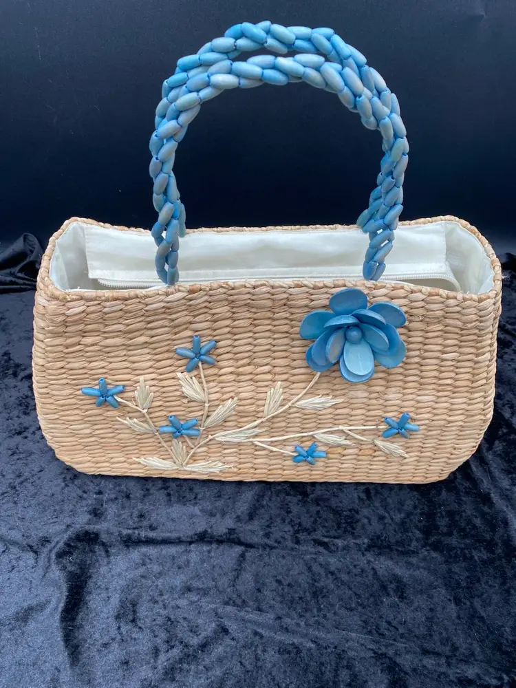 Nine West Straw Purse with Smoky Blue Beaded Flowers & Handles, New