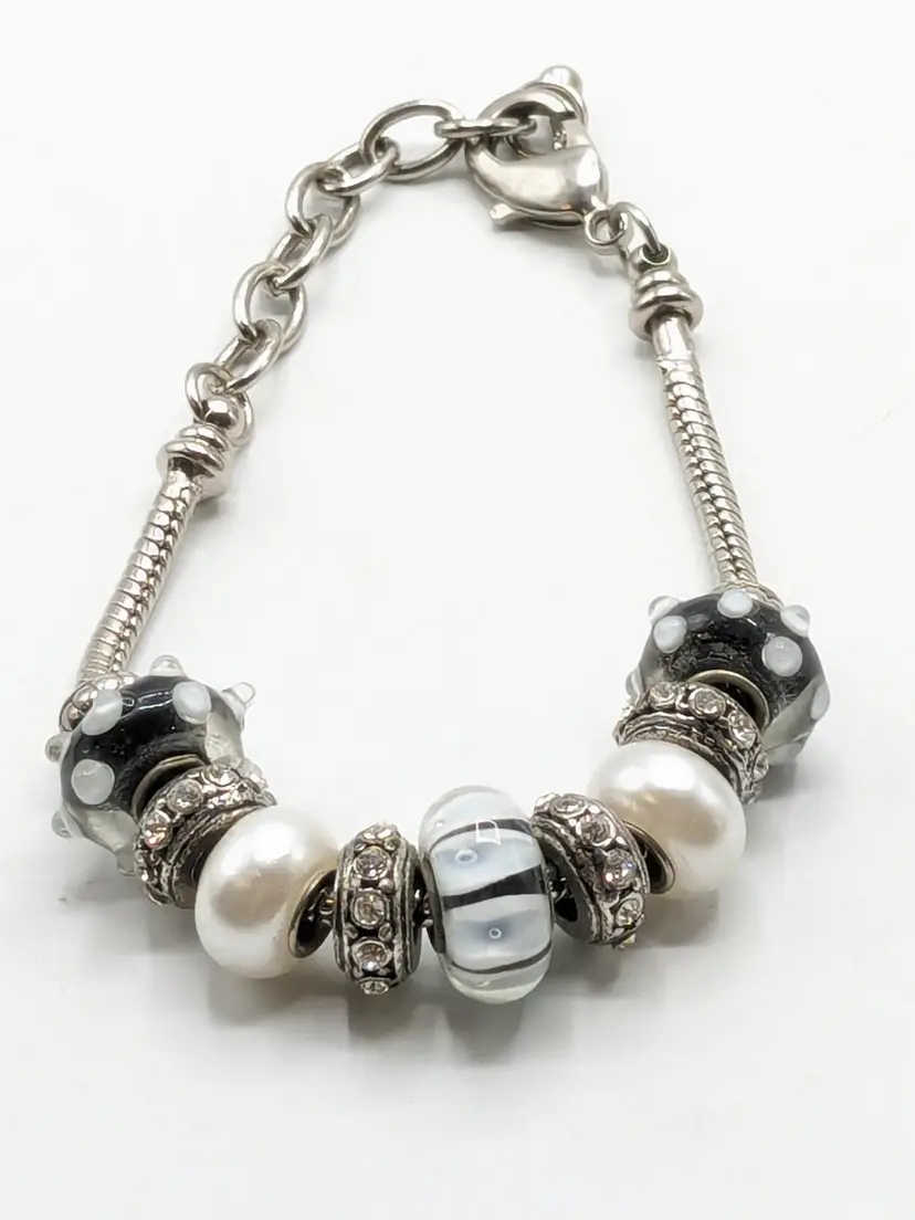 Silver Tone European Charms with Bracelet Rhinestones Black and White