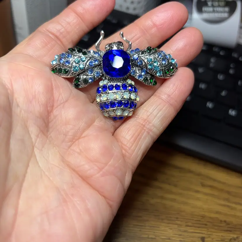 Bee Brooch With Sapphire, Emerald Light Blue And Moonstone, Gemstones, Silver Tone
