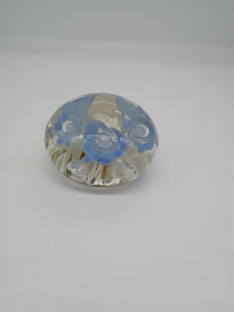 St Clair Signed Art Glass Paperweight Periwinkle Blue and White Flowers