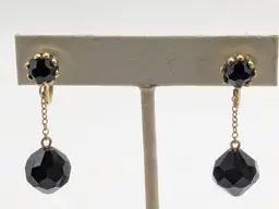 Vintage Black Glass Faceted Gold Tone Drop Clip On Earrings