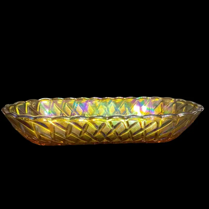 MARKDOWN! Indiana Marigold Carnival Glass Basket Weave Pretzel Celery Candy Dish, Chipping, ~2β x 10.5β x 5β