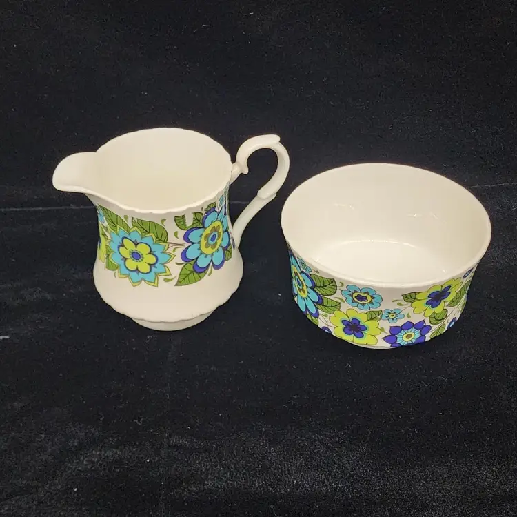 MCM Floral Cream and Sugar Blue Green Bone China By Mayfair VTG 1960s 70s Groovy