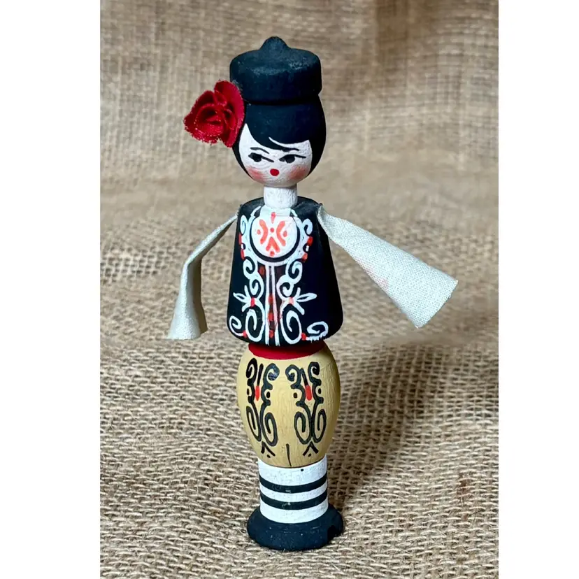 Vintage Bulgarian Wood Doll Perfume Holder EMPTY Folk Art Dancer Eclectic Boho