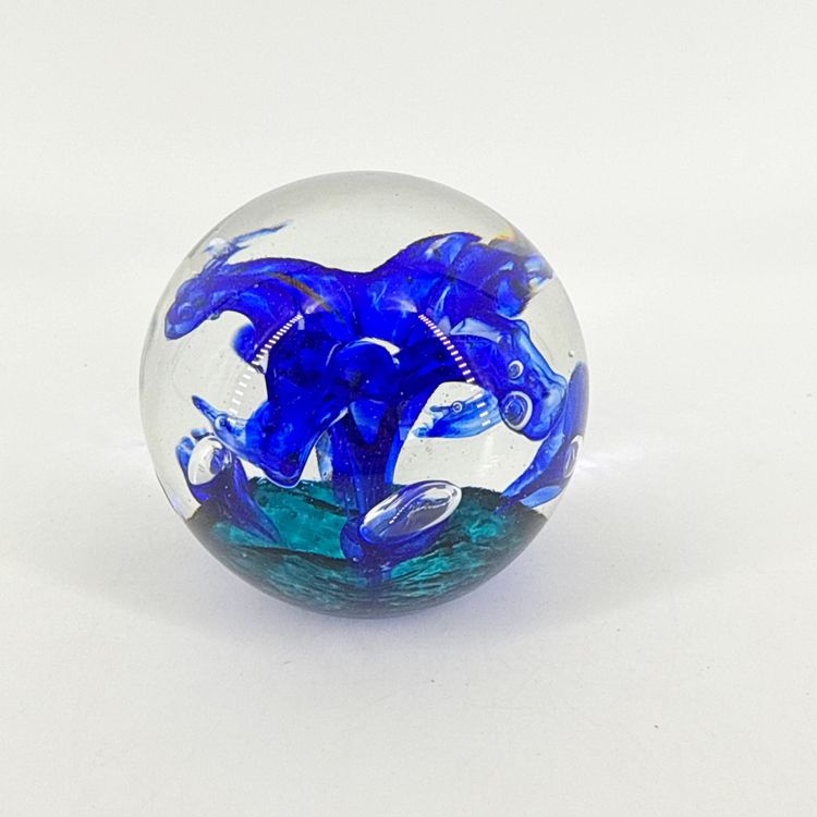 Handmade Polish Art Glass 3" Paperweight Cobalt Blue Teal Flower Orb