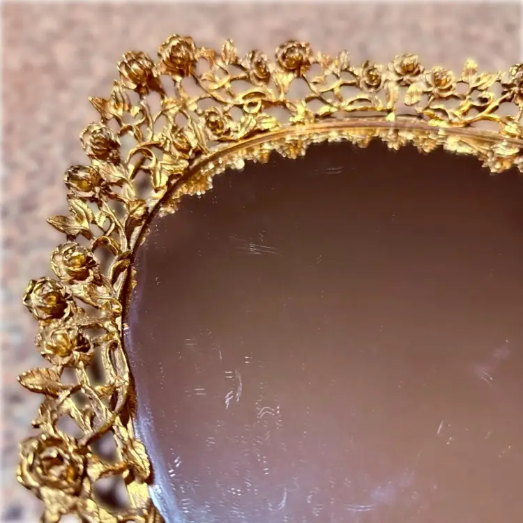 Vintage Gold Plated Ornate Rose Motif Frame w Black Velvet Backing MCM Oval Vanity Mirror Tray