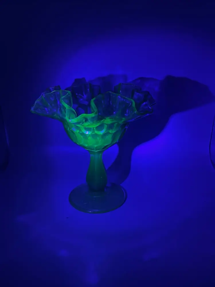 #04 - Elegant Vintage Fenton Olive Green Thumbprint Footed Ruffled Glass Compote ~ Glows Under Black Light ~ Pedestal Design ~ Measures 6 inches tall