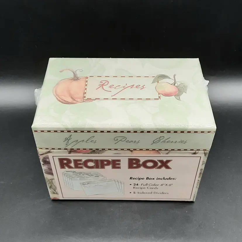 Vintage Recipe Box with Recipe Cards & Index Dividers Green and Fruit Design 2002 Martin Designs Sealed New Old Stock