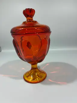 Glowy! Vintage Viking Glass Persimmon Orange Red 6 Petal Candy Dish With Lid