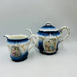 Antique Royal Munich Small Tea For One Teapot And Creamer Flow Blue