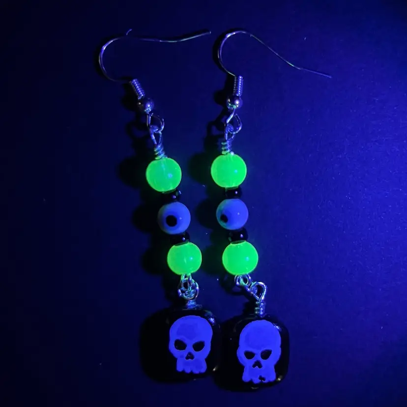 Handmade By Me- Halloween Skull Glass Bead Dangle Earrings With UV Glass Glow Beads, Hand Drawn Glass Beads, Nickel Free
