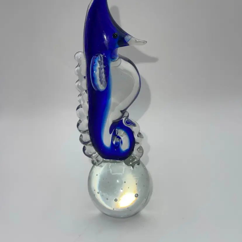 34-Hand Blown Art Glass Blue Clear Seahorse Paperweight figurine Ball Base 7”